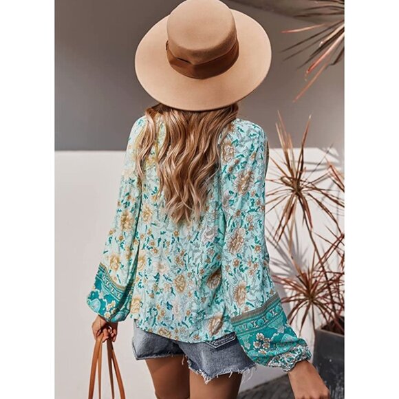 Blue Boho‎ Floral Printed Tie V-Neck Loose Flowy Long Sleeve Top Blouse - Picture 3 of 6